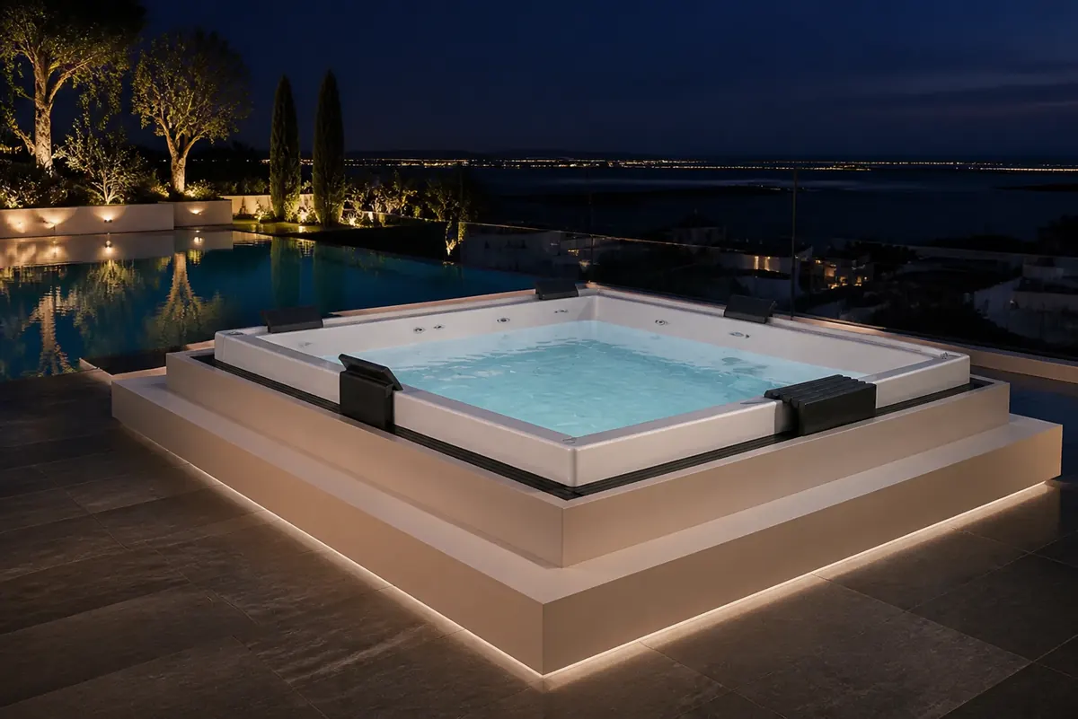 Spa iluminado num terraço à noite